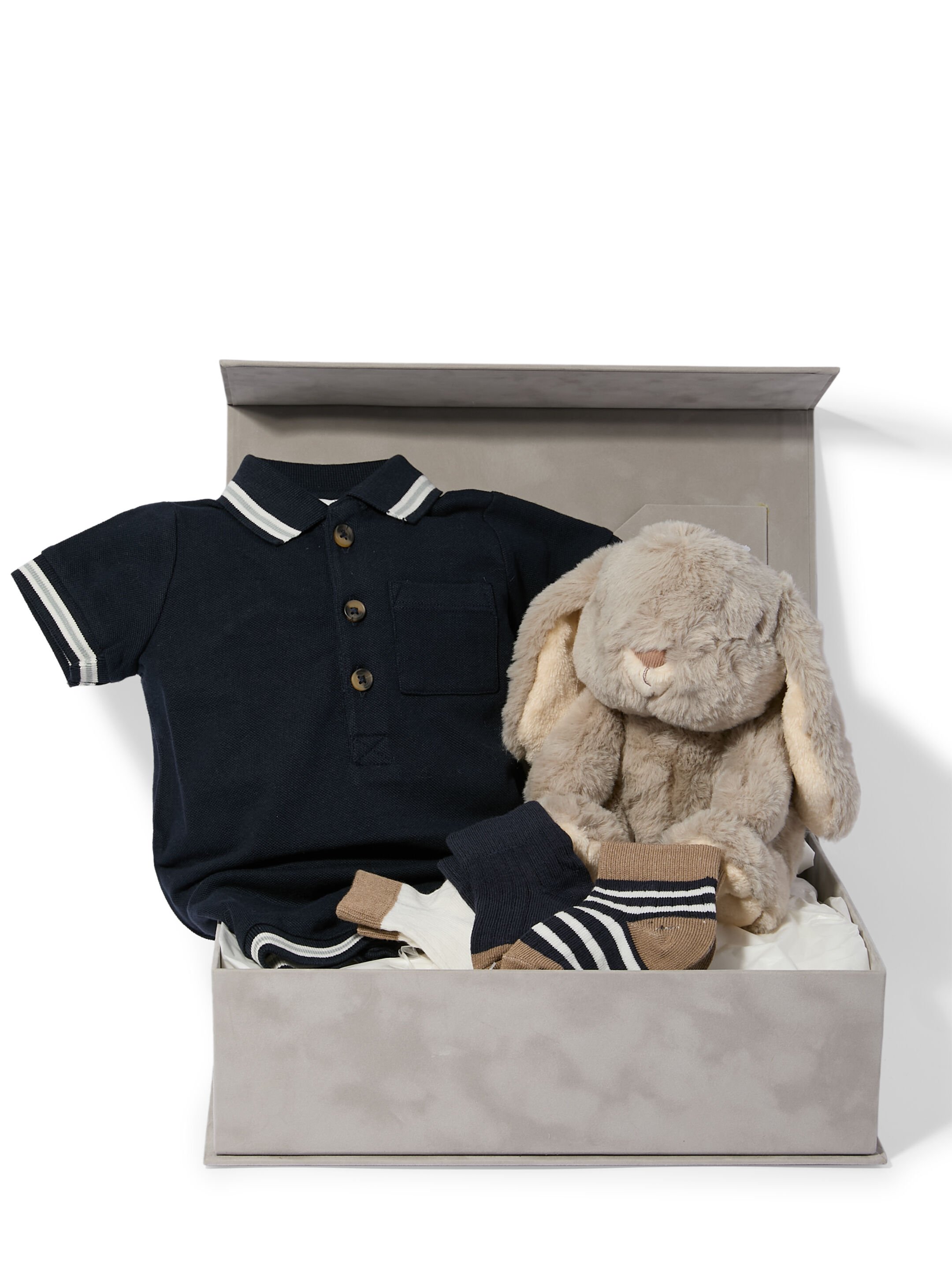 Polo Romper - 4 Piece Gift Set with Soft Toy Grey Bunny image number 1